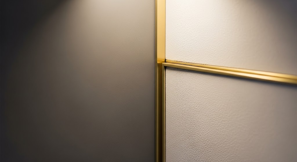 A close-up shot of thin, sleek brass edge trim creating a sharp, metallic border along a modern wall corner.