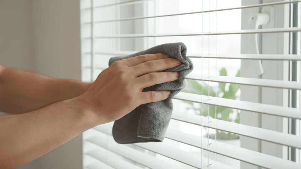 Hand wiping horizontal window blind slats with a clean microfiber cloth.