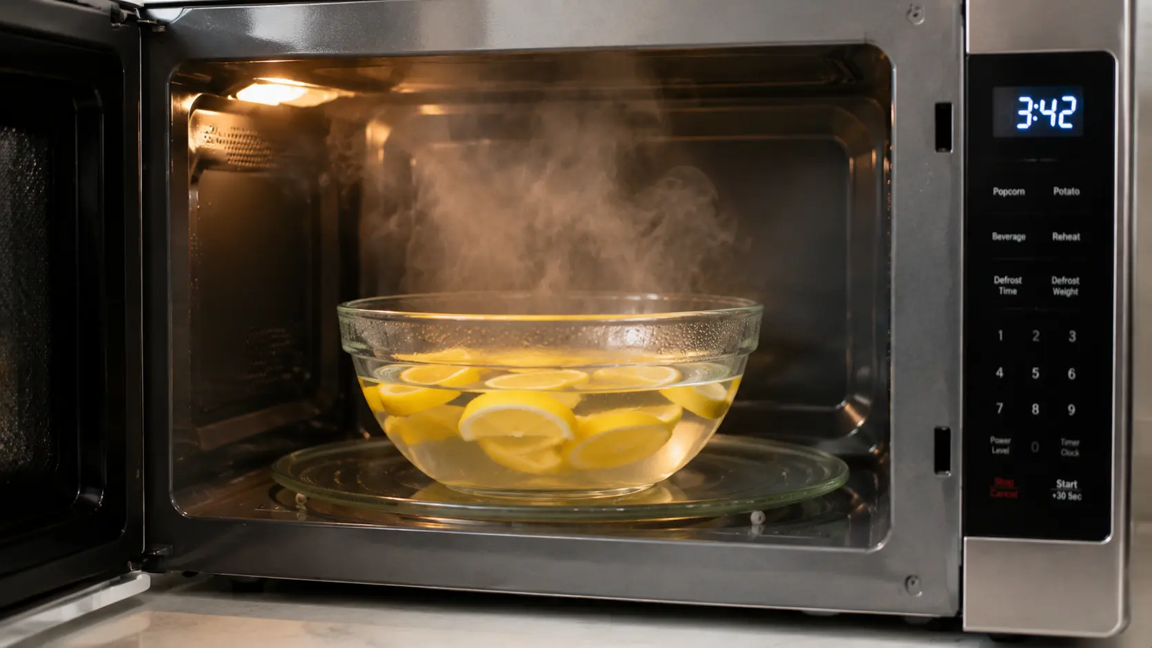 Lemon water steaming inside microwave loosening food splatter for easy wipe cleaning.
