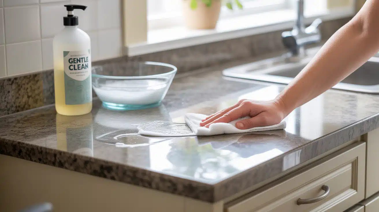 A homemade granite cleaner spray bottle sitting on a clean, polished kitchen countertop with dish soap and a microfiber cloth nearby.