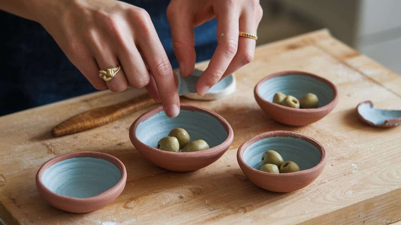 A person's hands placing small green olives into small, handmade blue-and-terracotta ceramic serving bowls arranged on a wooden board.