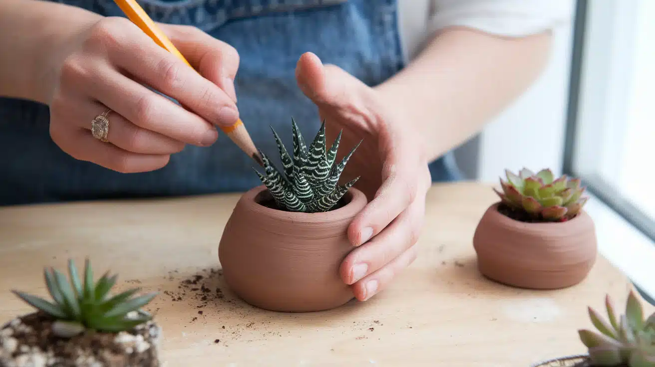 A close-up shot of a person's hands using a wooden tool to sculpt details on a small, round clay pinch pot containing a small succulent plant.