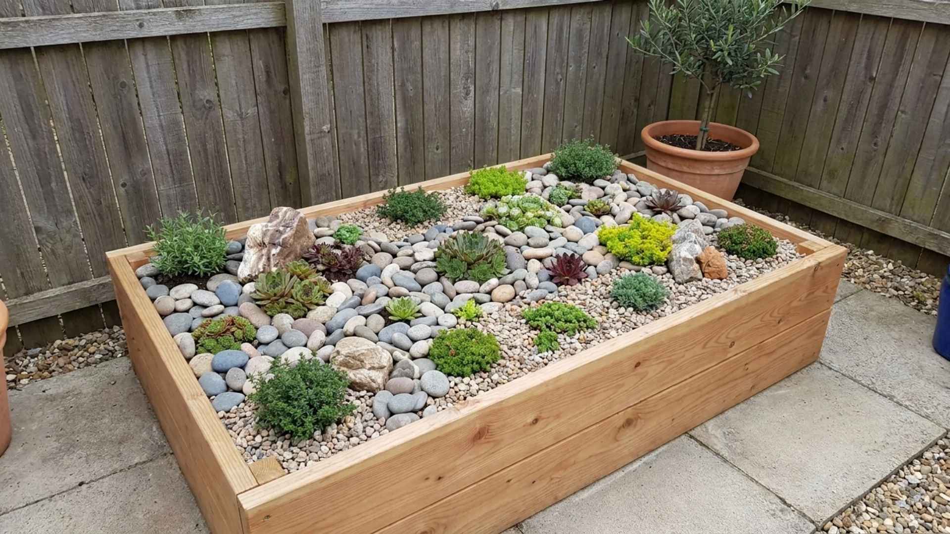 Small raised rock garden planter with succulents, pebbles, and decorative stones on a patio.