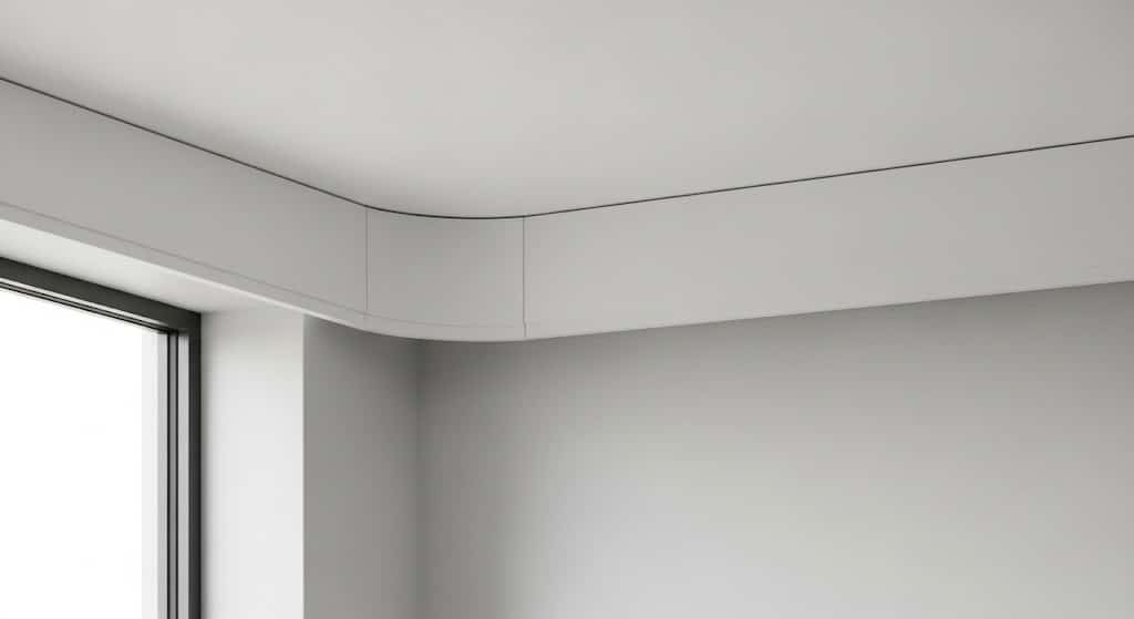 White minimalist cove molding, showing a smooth, curved trim piece transitioning between a light gray wall and the ceiling.
