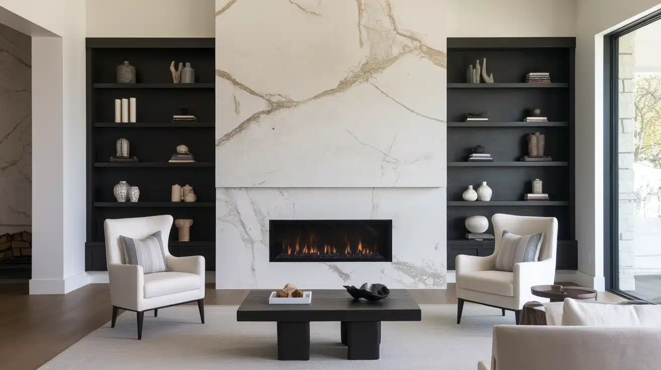 Modern minimalist quartz fireplace surround flanked by tall, dark built-in bookshelves and white armchairs.