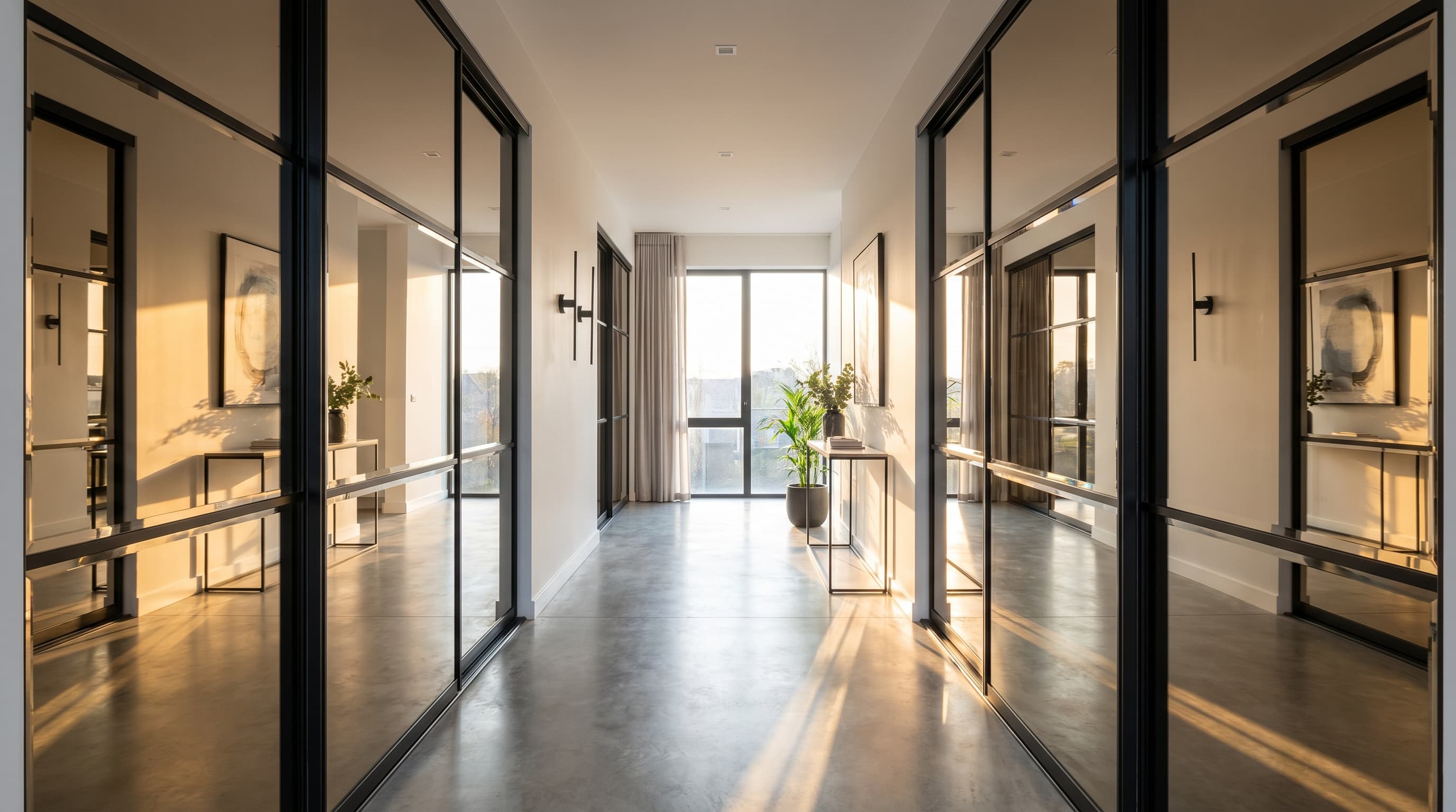 Contemporary hallway decor ideas with mirrored door panels that maximize light and create an open feel.