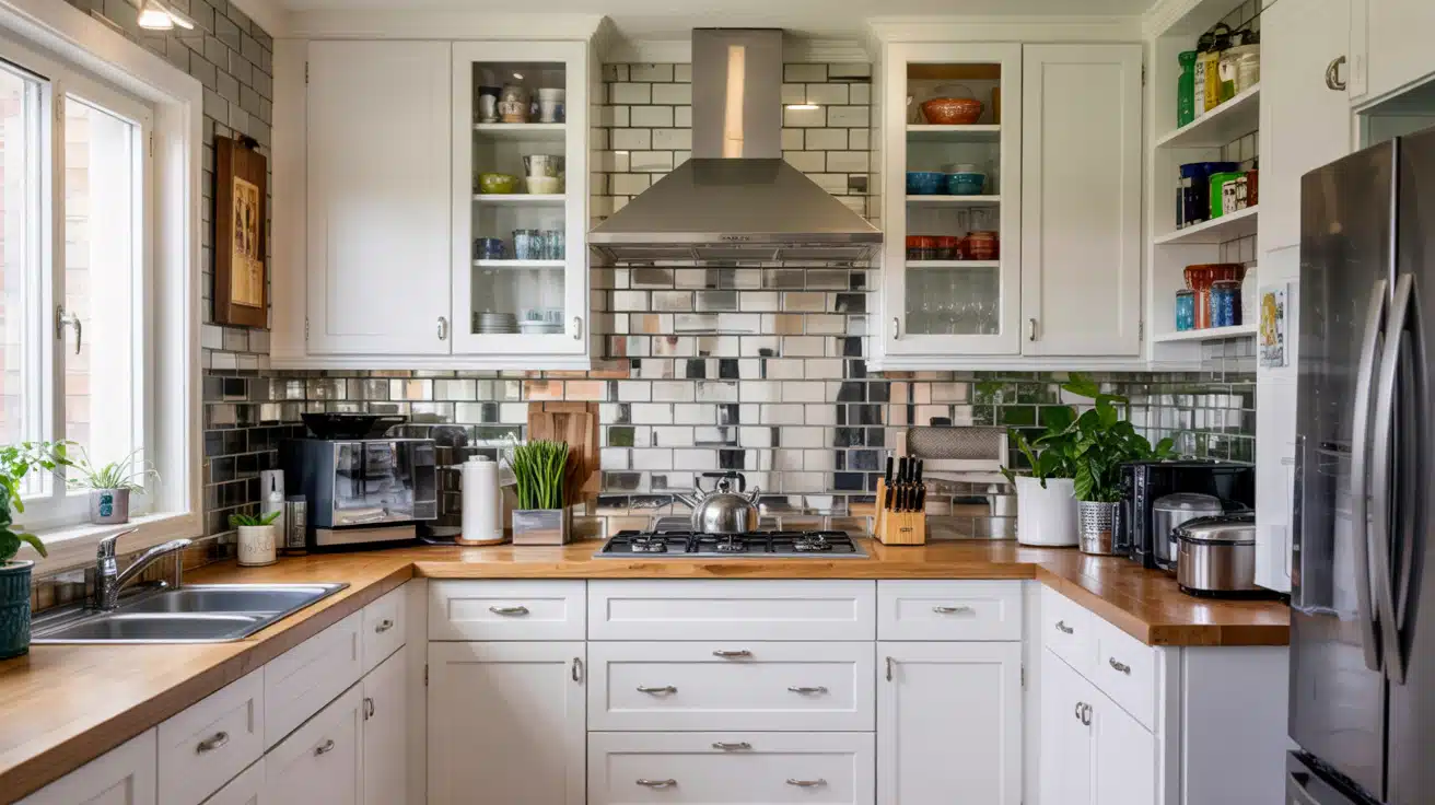 Beveled mirrored subway tiles used as a reflective, light-boosting backsplash in a compact kitchen.