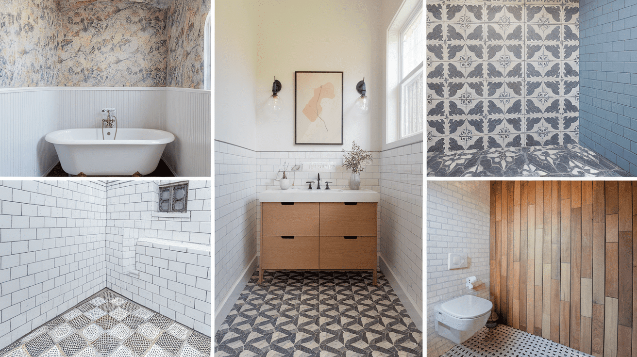 A collage of four bathroom designs featuring combinations of wallpaper, tiles, shiplap, and wood wainscoting.