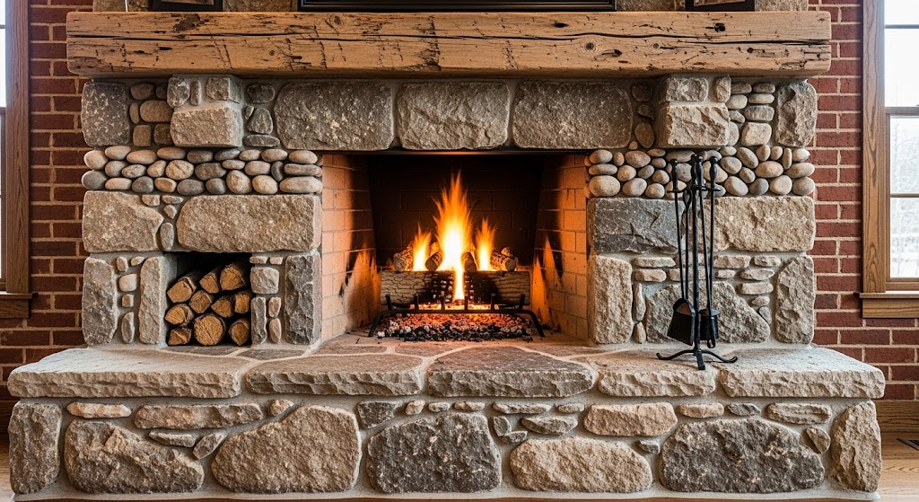 Rustic living room featuring a mixed-texture stone fireplace with a chunky wood mantel, built-in log storage, and a roaring fire.