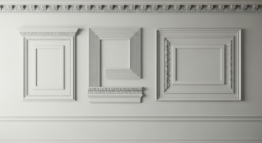 Light gray wall showcasing multiple styles of layered rectangular picture frame panels below ornate crown molding.