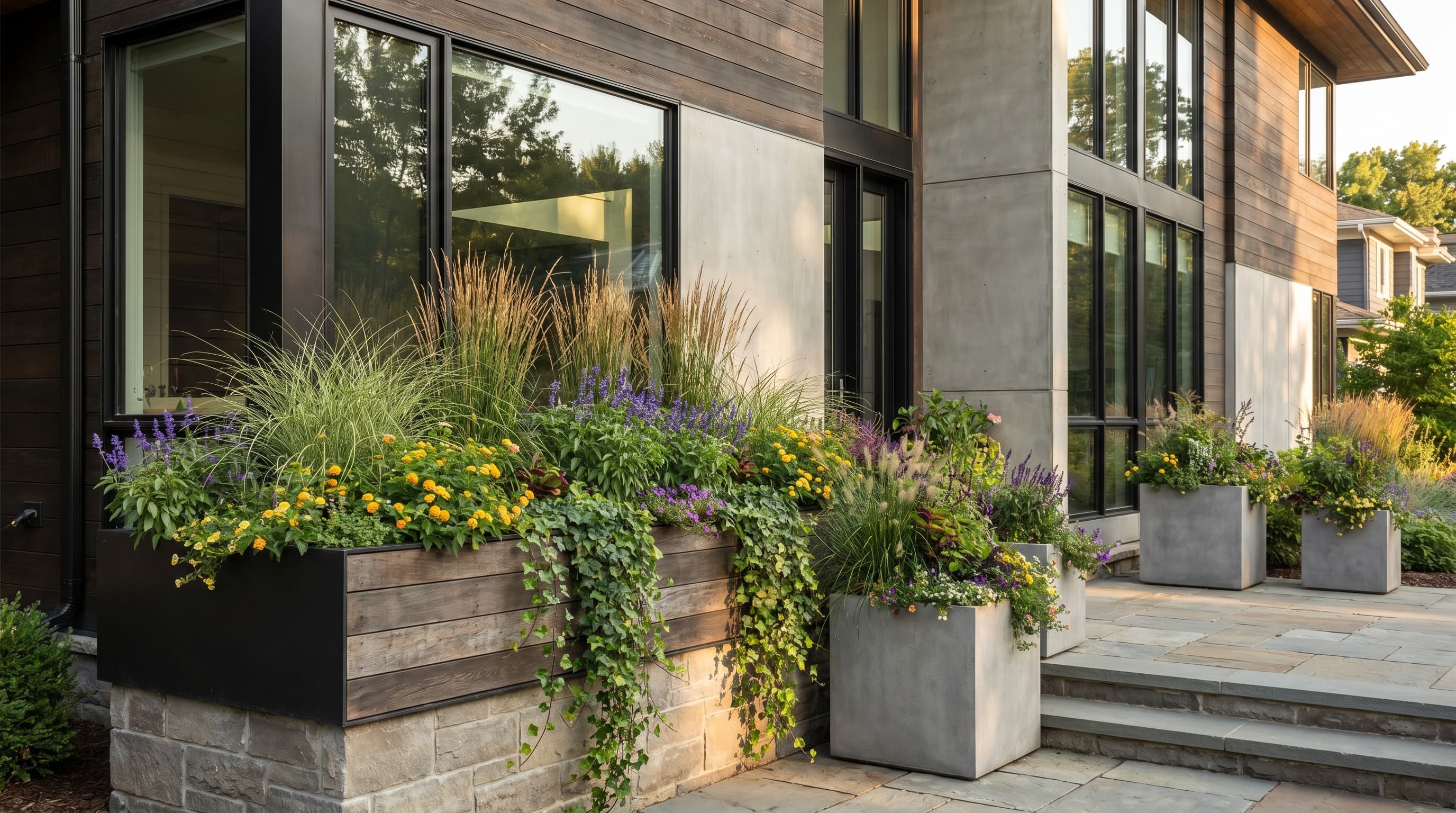 Mixed texture window box with lavender, pansies, grasses, and trailing ivy in rustic container.