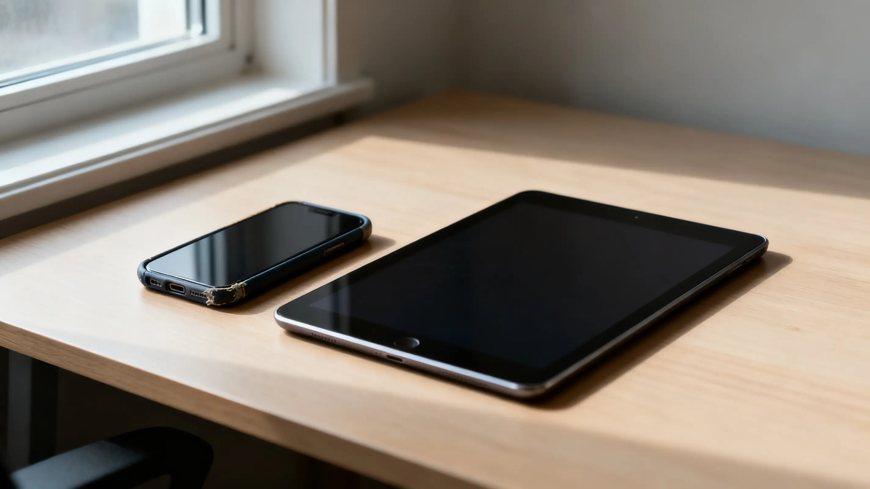 Smartphone and tablet on wooden desk by a window in sunlight