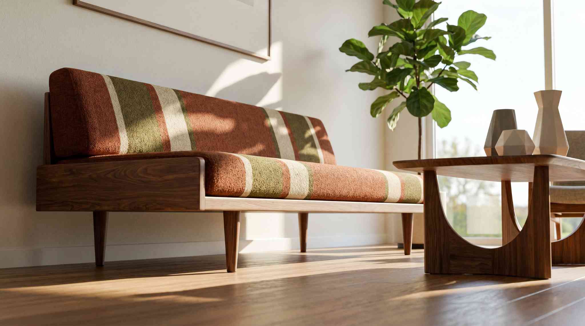 Mid-century modern sofa with wooden legs in bright minimalist retro-inspired living room.