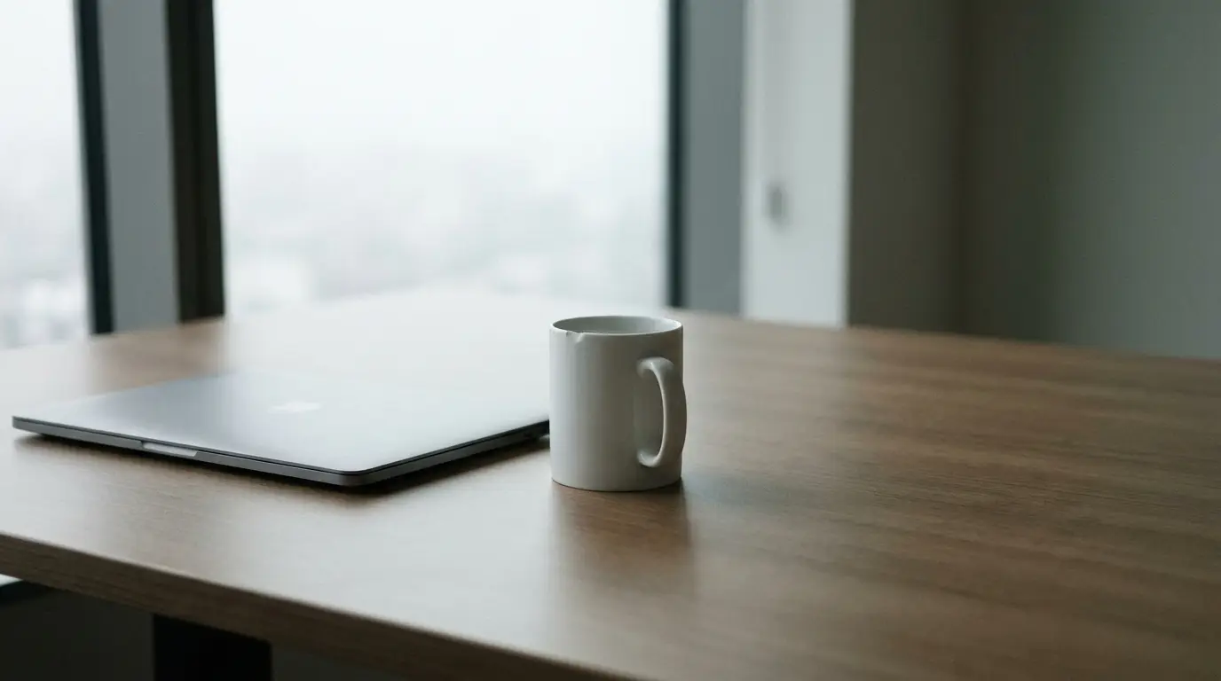 Closed laptop and white mug on wooden desk in bright office setting