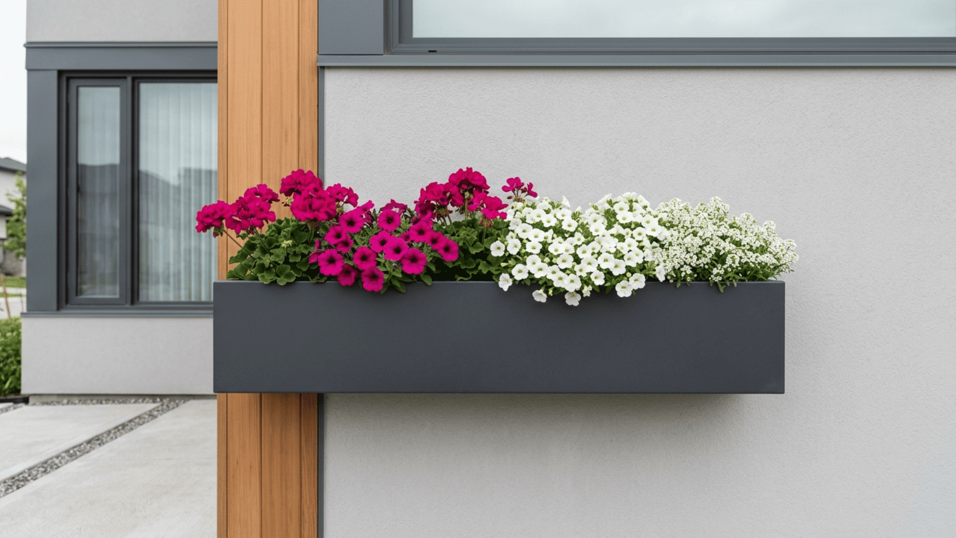 Modern rectangular flower box mounted on a gray wall, filled with pink, white flowers and greenery.
