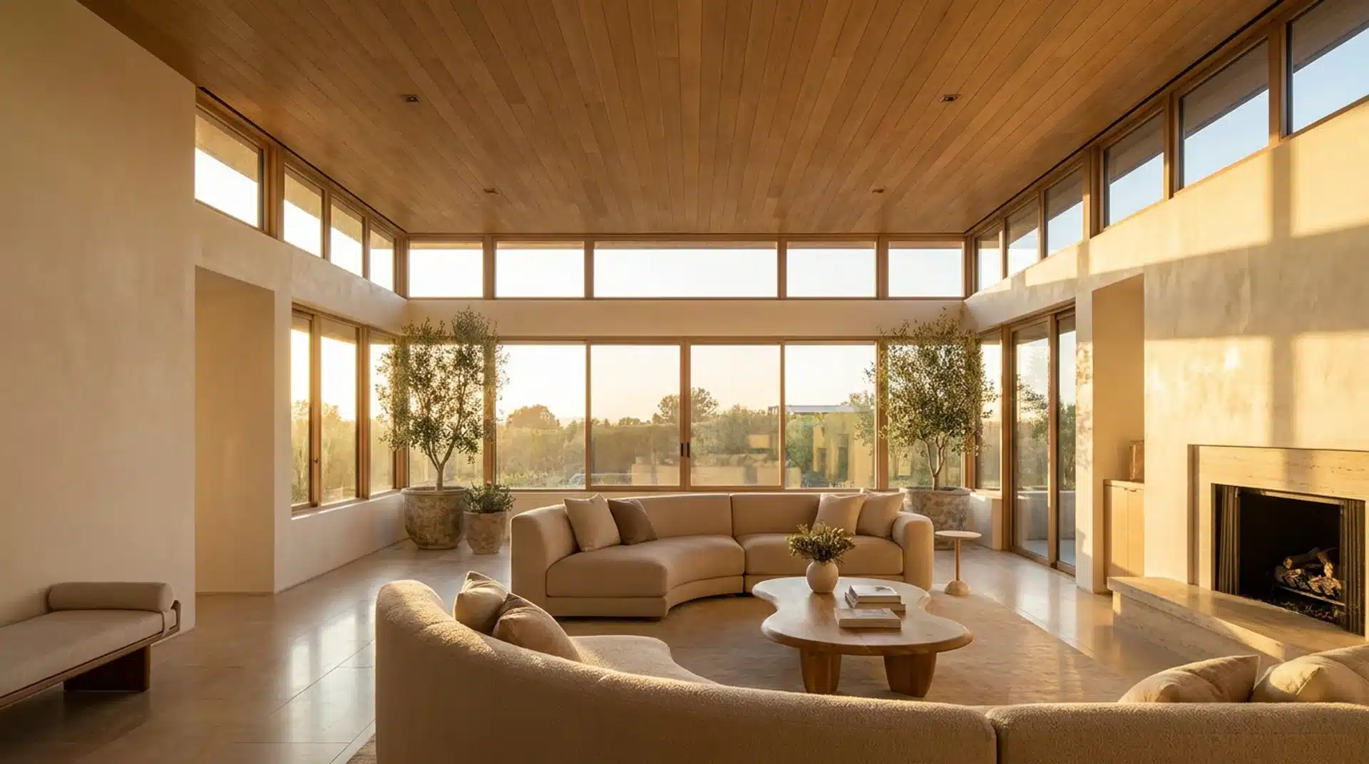 Contemporary living room with wraparound clerestory windows and warm natural daylight throughout.