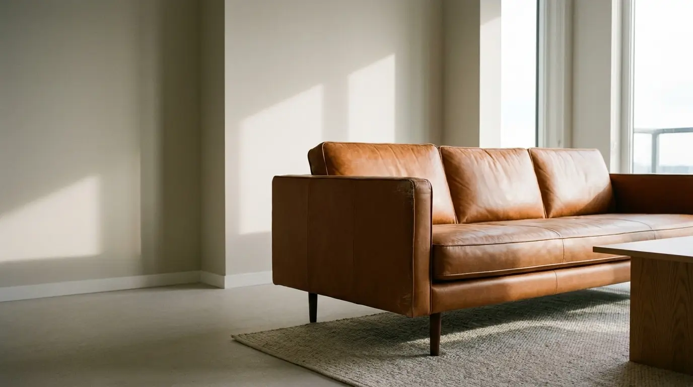 Brown leather sofa in sunlit living room with beige walls and wooden coffee table