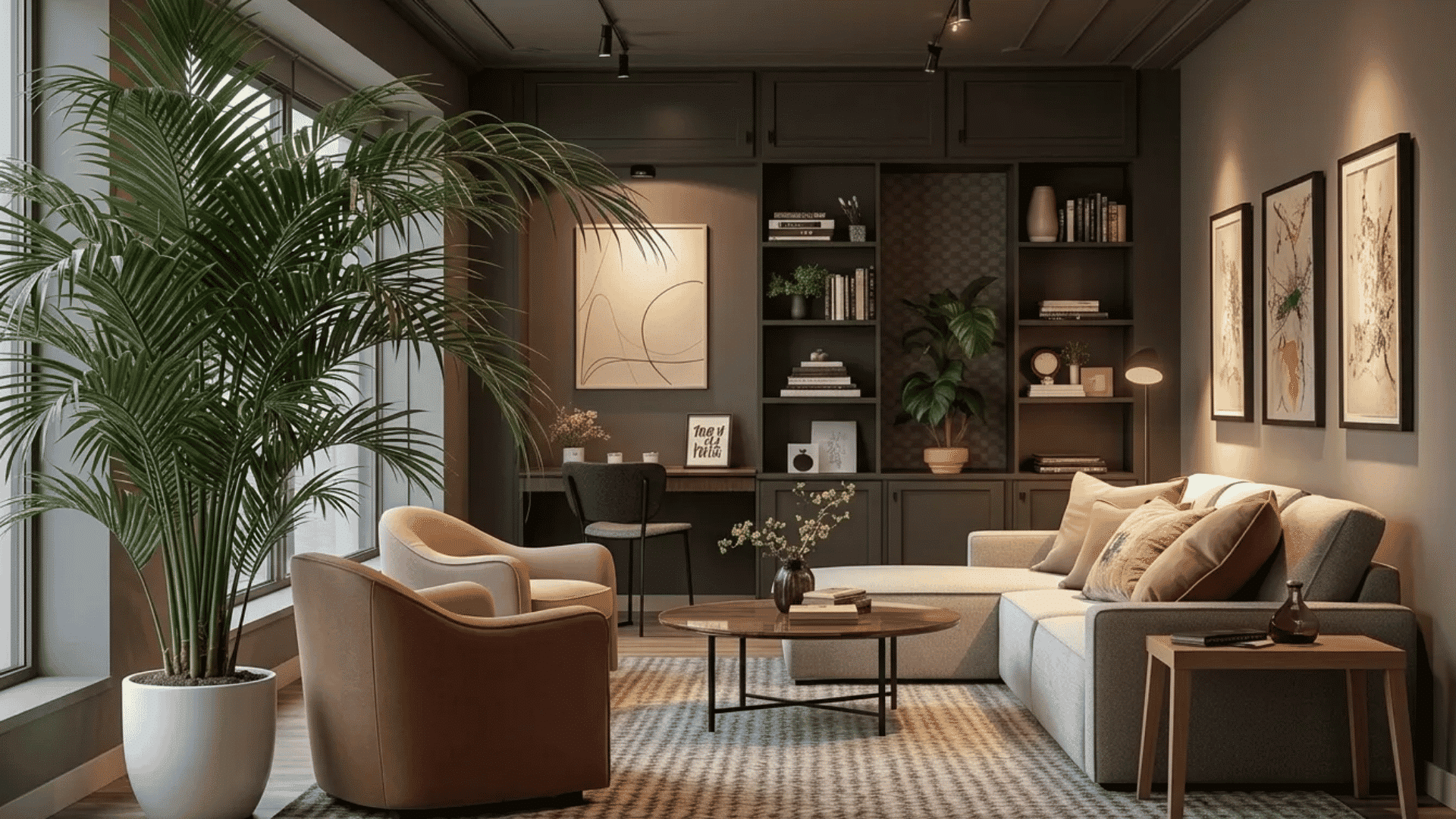 Modern keeping room with dark built-ins, soft neutral seating, warm layered lighting, and a cozy lounge area beside large windows.