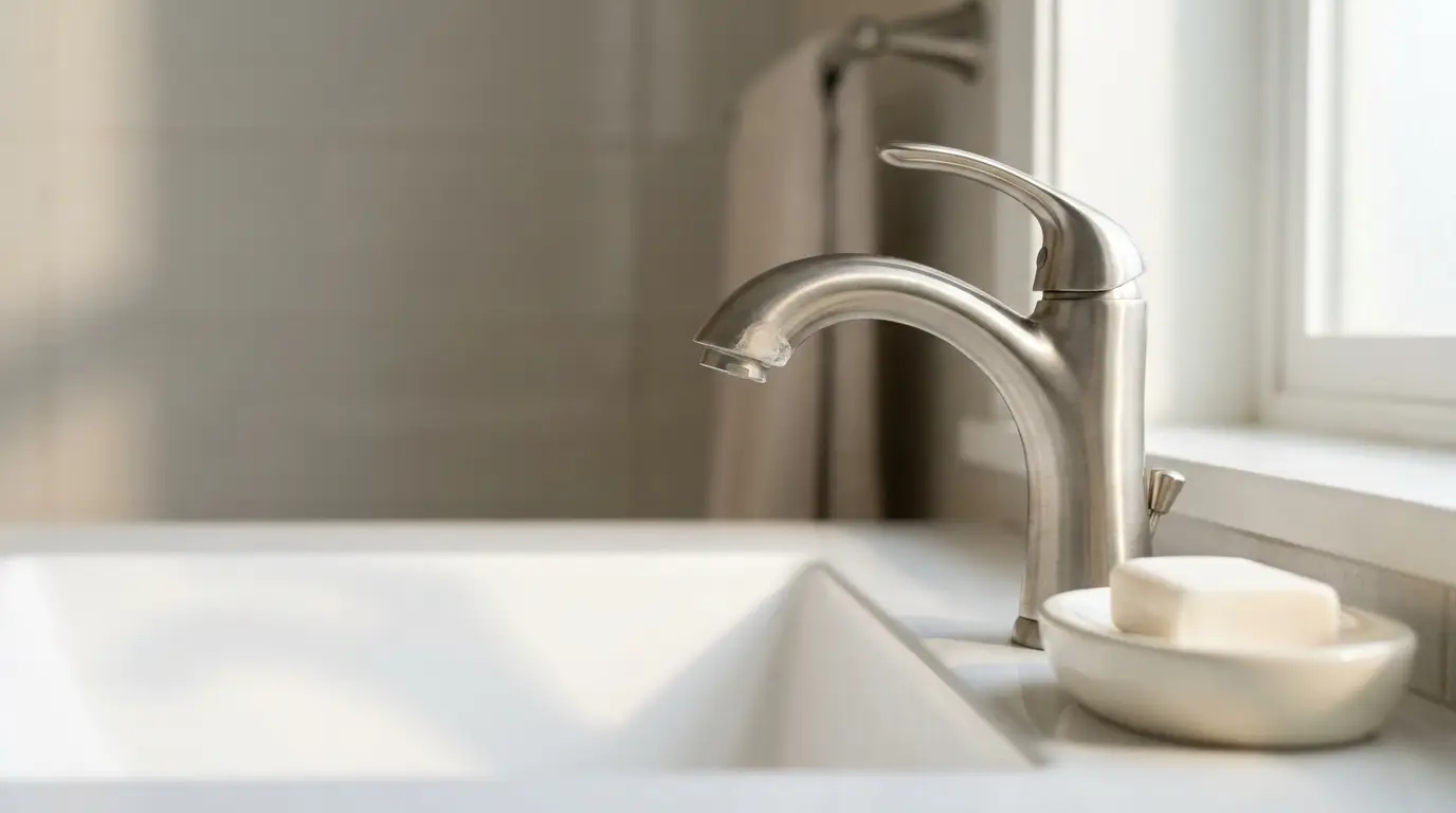 Stainless steel faucet with soap dish on white bathroom countertop in natural light