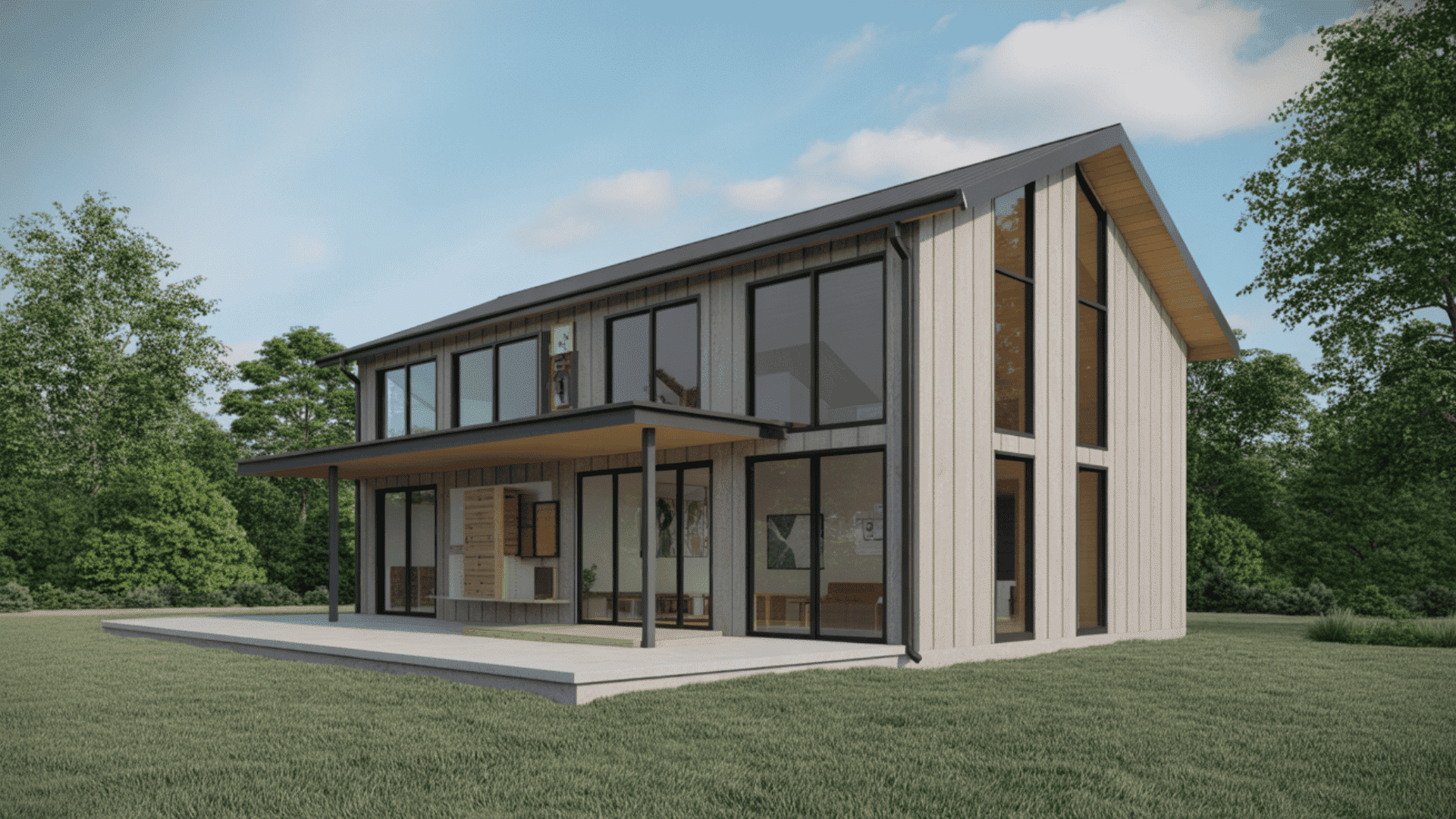 A modern, two-story barndominium house with light vertical siding, large floor-to-ceiling windows, and a dark metal roof on a green lawn.