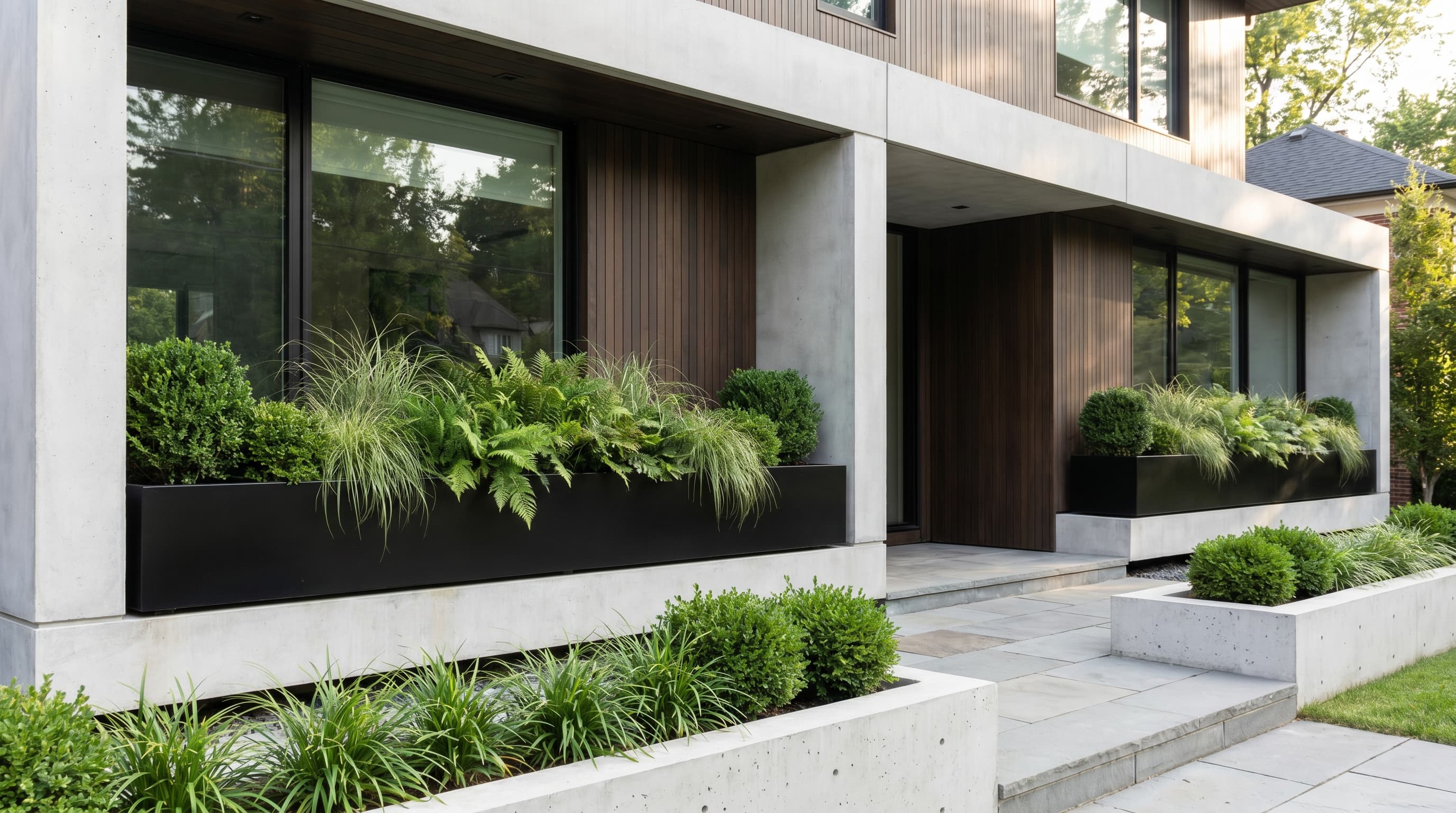 Modern minimalist greenery box with lush green plants and subtle purple flowers in clean container.