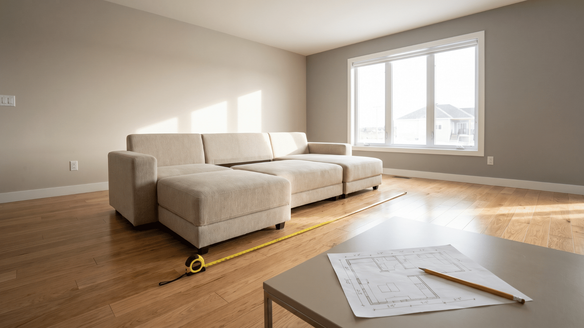Modular couch setup with a tape measure and floor plan on a table, showing layout planning in a living room.