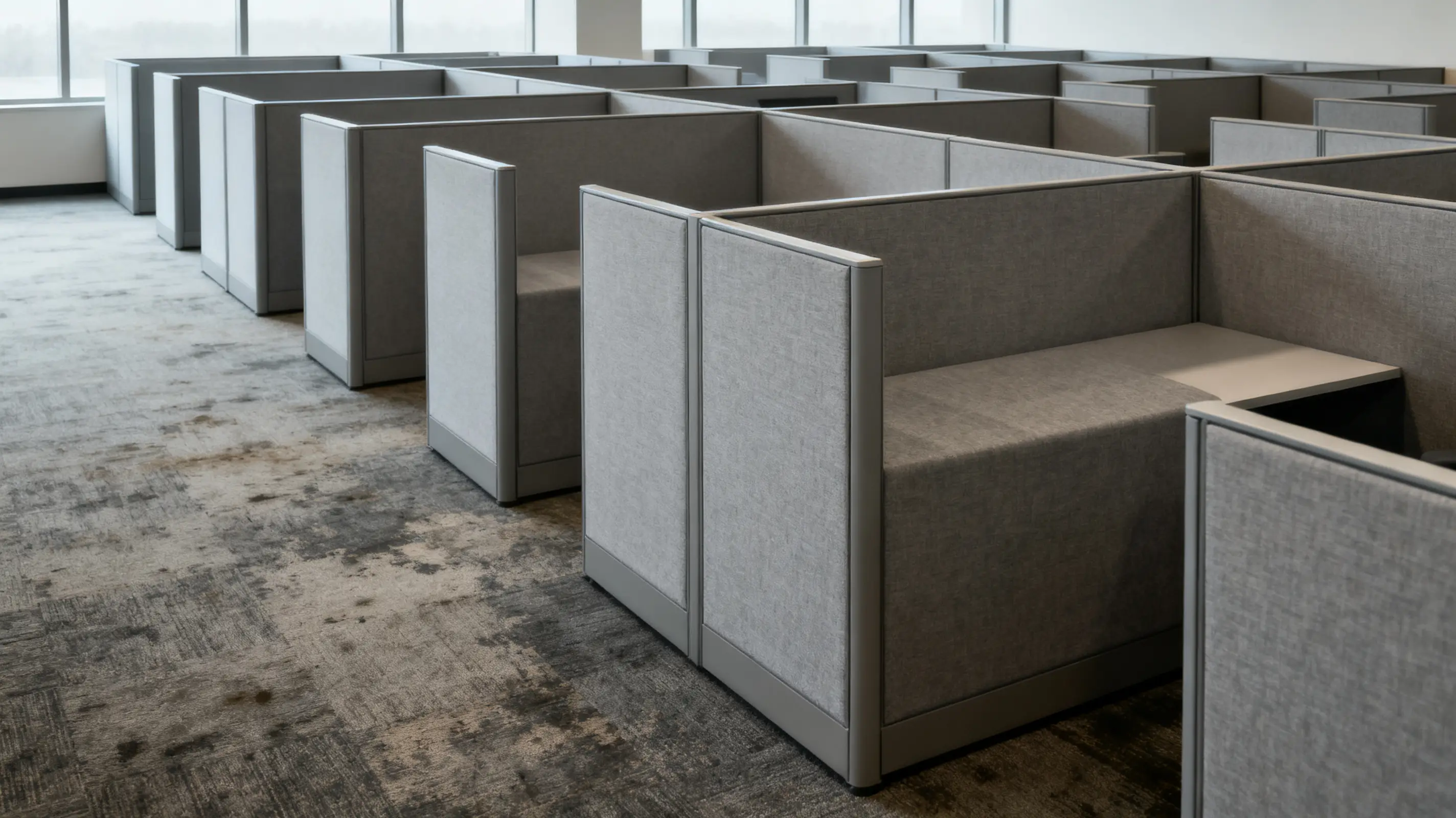 Rows of empty gray office cubicles in a modern workplace setting