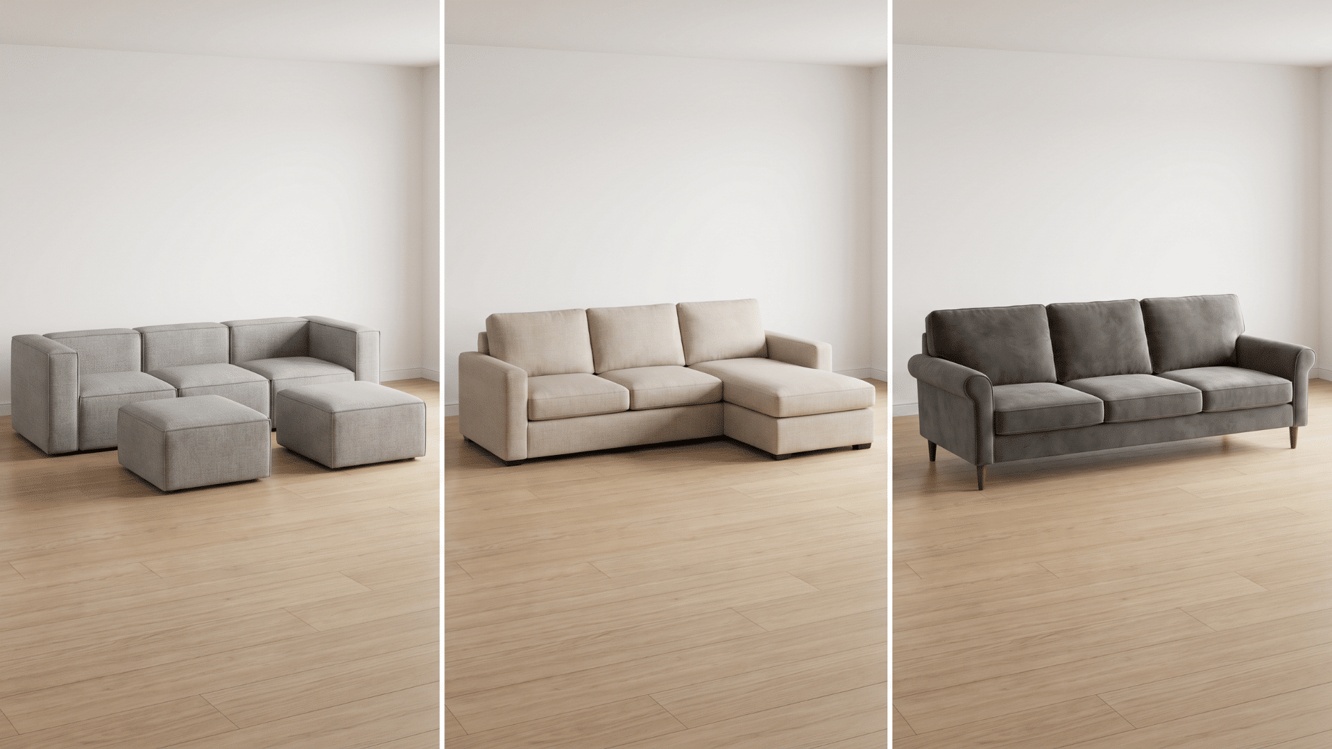 Modular, sectional, and traditional sofas shown side by side in a neutral living room.