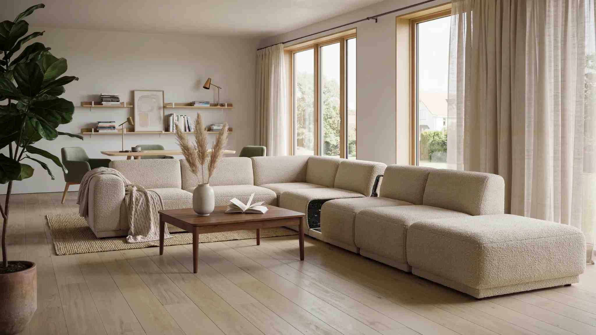 Modular sofa with flexible seating sections in modern open-plan living room.