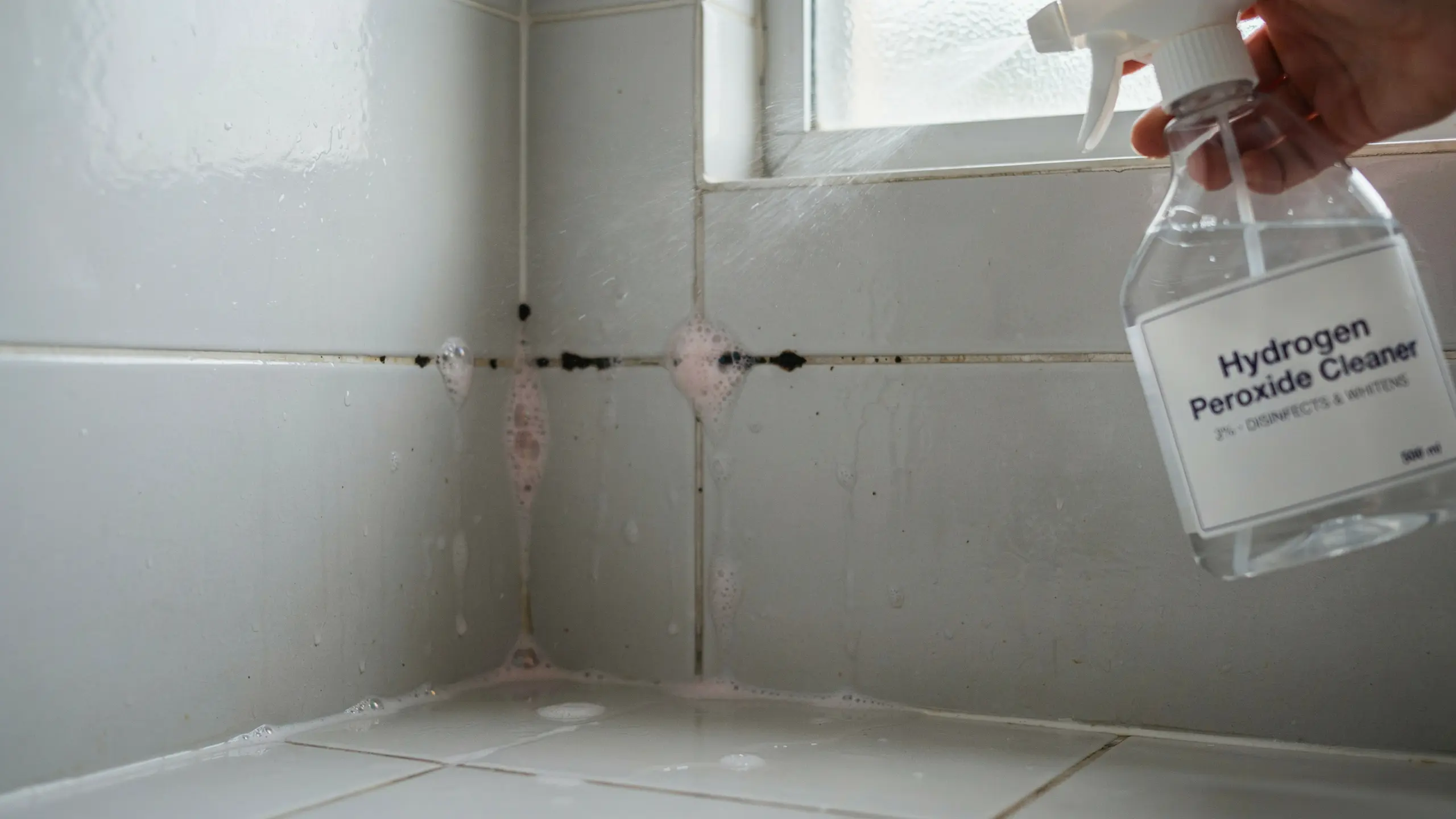 Hydrogen peroxide spray removing mold from bathroom wall tiles in natural light.
