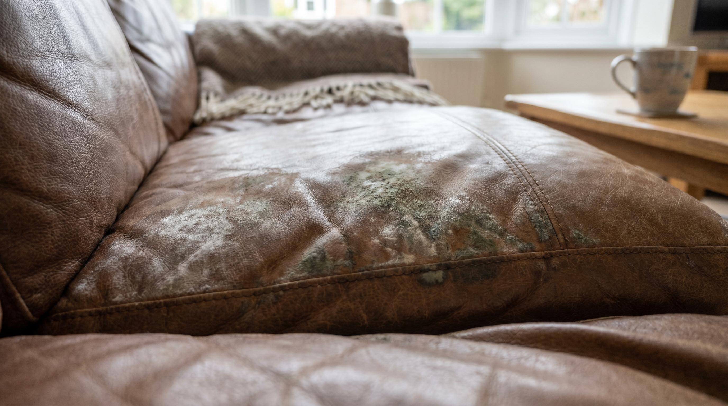 Mold and mildew spots forming along the seams of a brown leather sofa cushion in soft natural daylight.