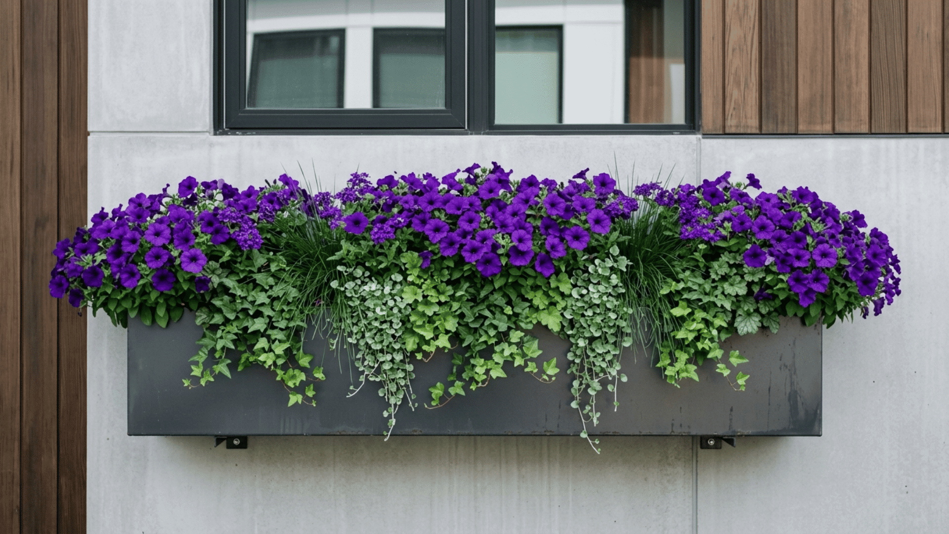 Modern monochrome rectangular flower box mounted on a gray wall, filled with purple and green plants.