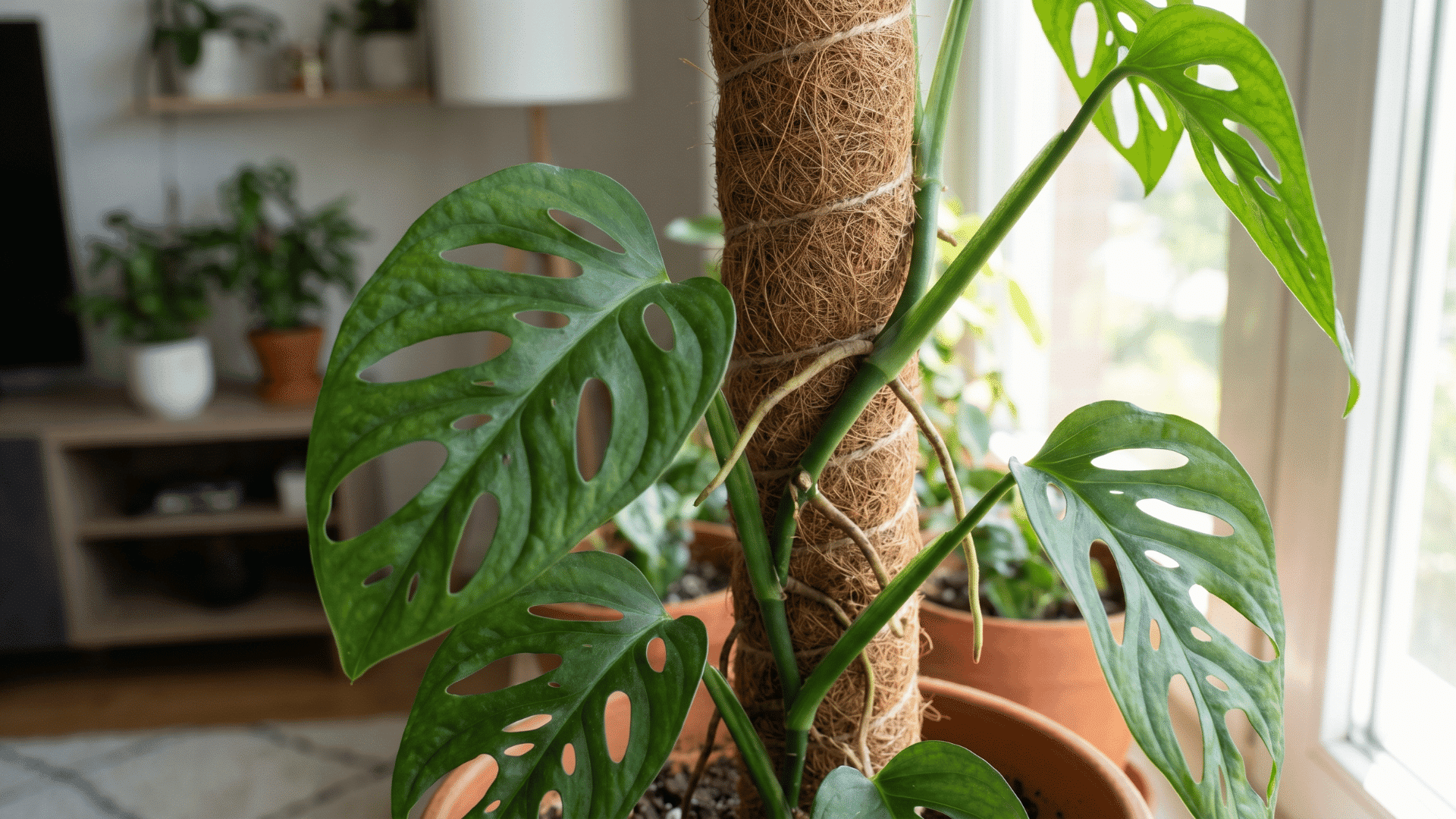 Monstera adansonii climbing a moss pole with oval leaves containing natural holes