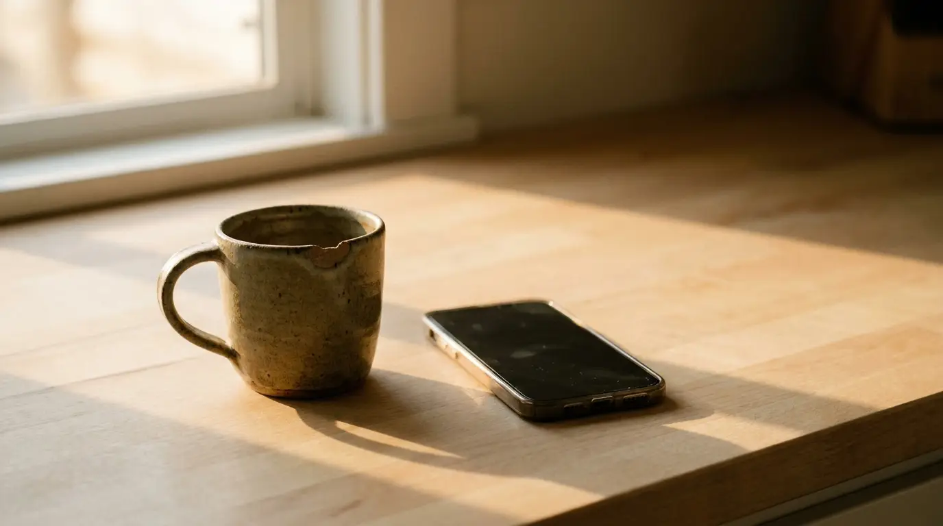 Ceramic mug and smartphone on wooden table in sunlight near window