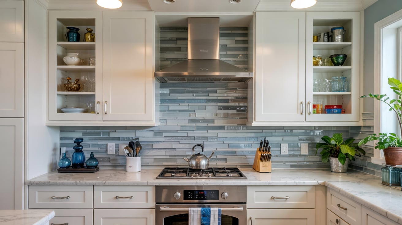 A contemporary kitchen backsplash composed of thin, horizontal mosaic glass tile strips in varying shades of gray.