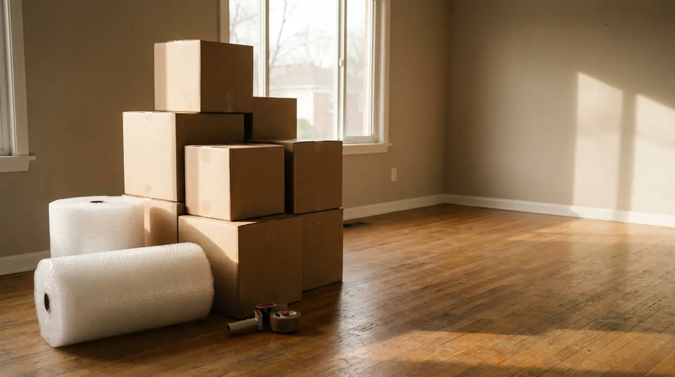 Stacked cardboard boxes and bubble wrap on wooden floor in sunlit room
