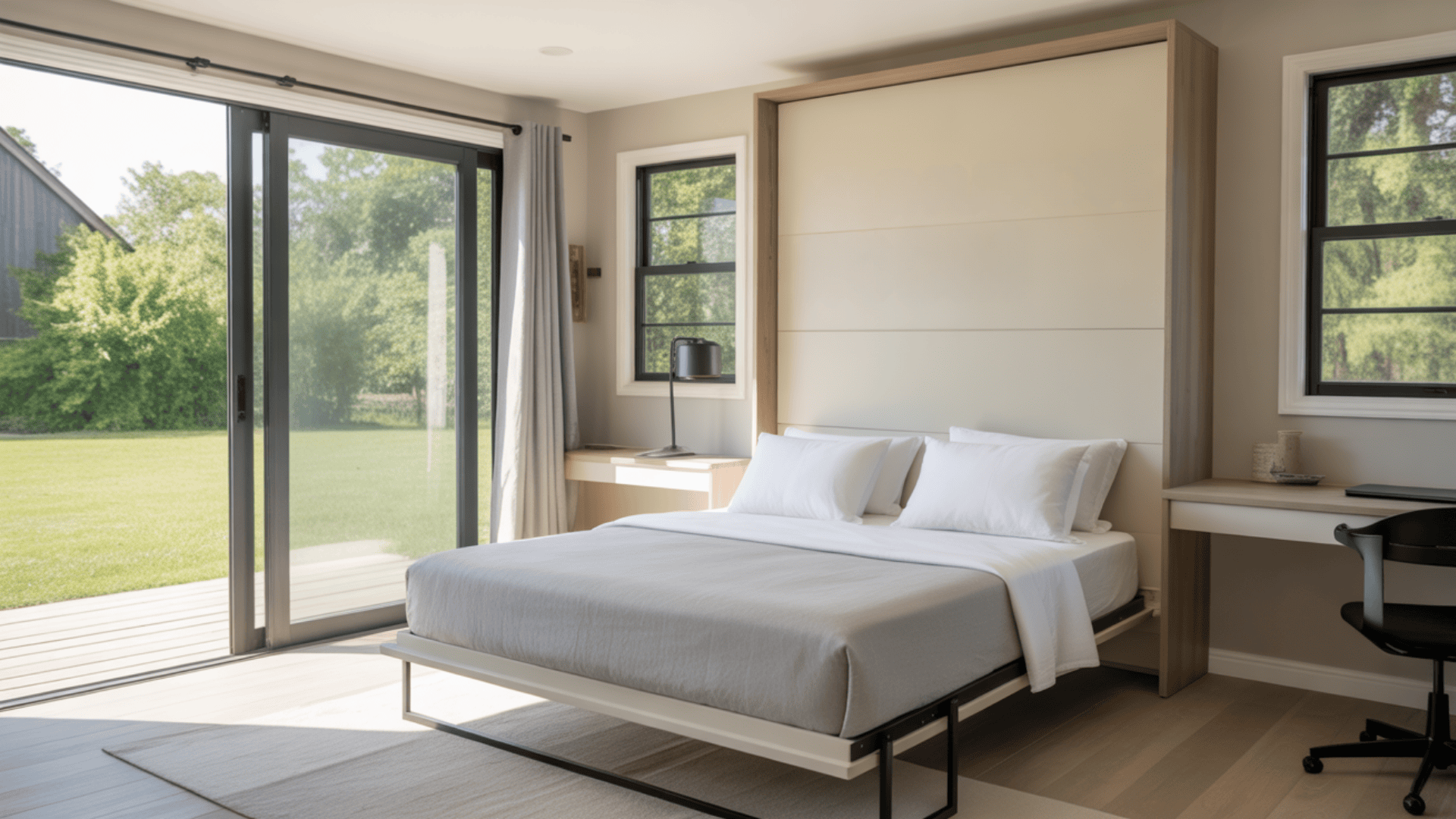 A minimalist bedroom with a built-in Murphy bed, integrated desk setup, and sliding glass doors opening to a lawn.