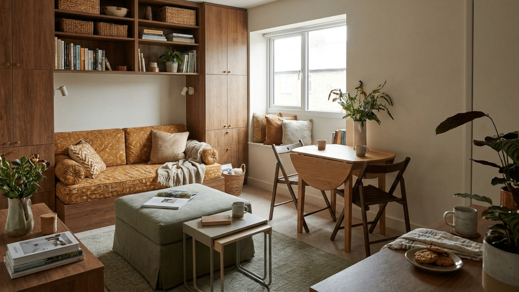 Multifunctional and foldable furniture, including daybed, drop-leaf table, and storage cabinets.