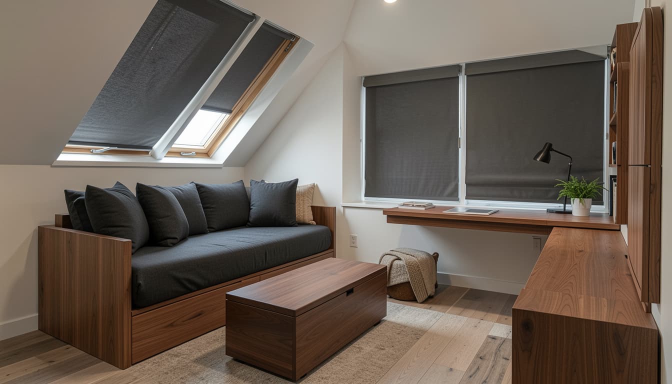 Modern attic lounge with skylight windows, built-in wooden seating, neutral decor, and minimalist furnishings.