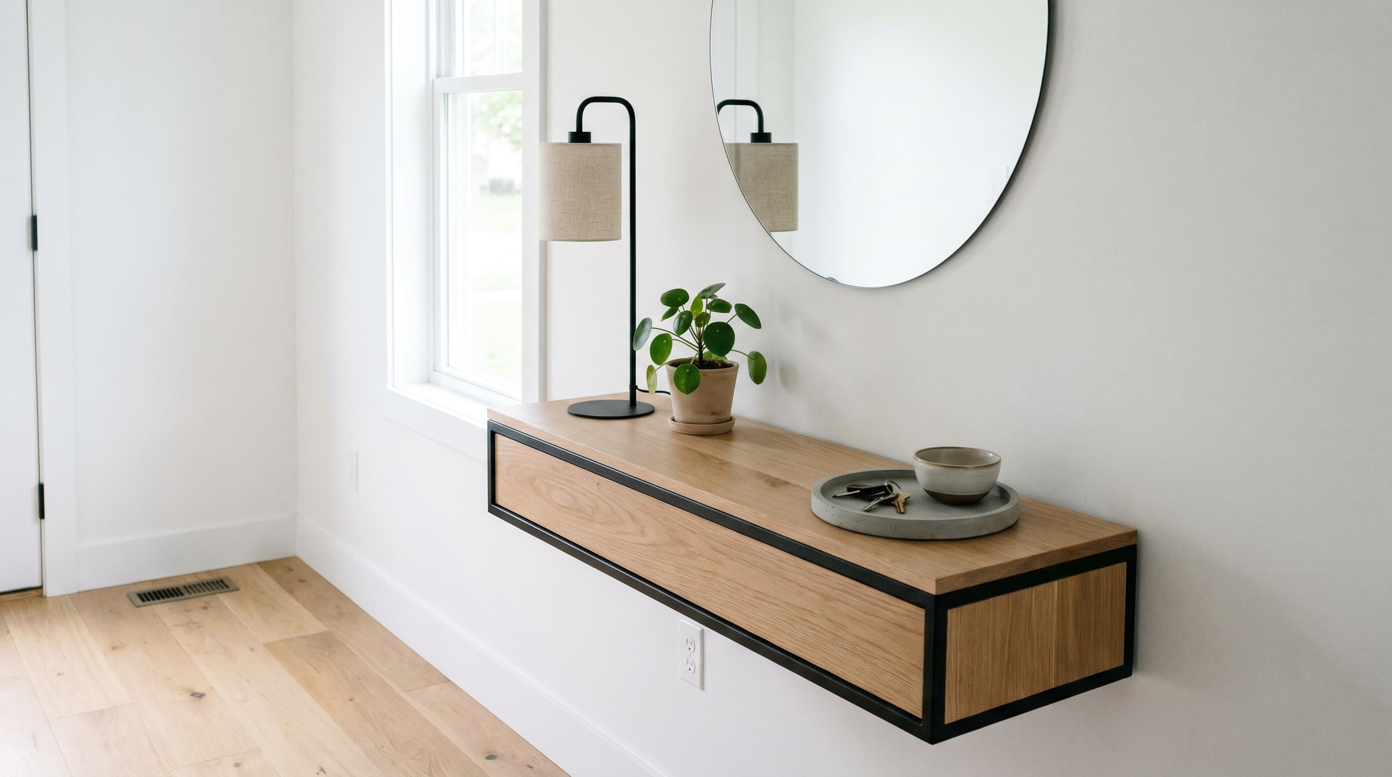 Minimalist hallway decor ideas achieved by matching wall and ceiling colors for a seamless, cohesive look.