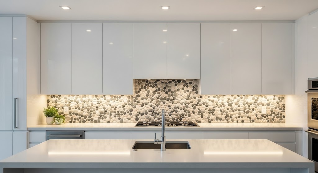 Smooth, light-colored natural river stones tightly set together to create an organic, spa-like backsplash.
