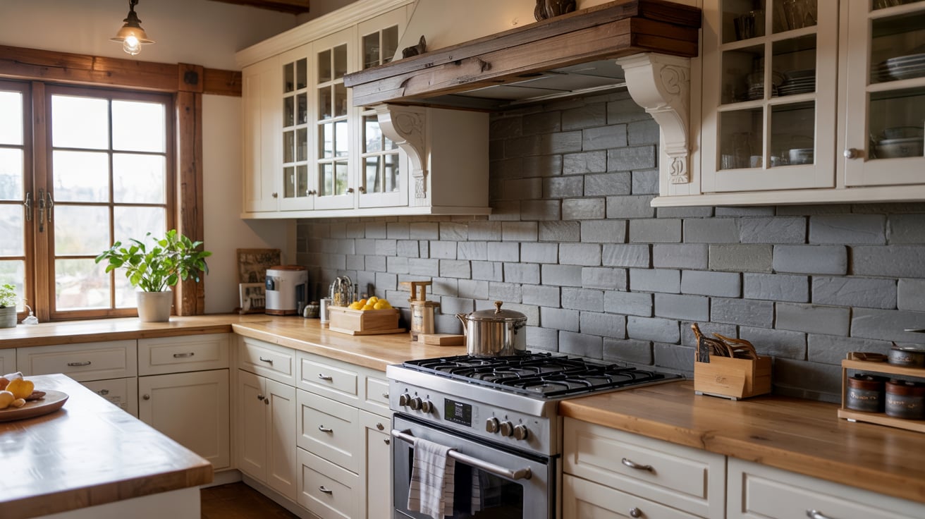 Durable, dark gray natural slate tiles with a rustic cleft texture used as a kitchen backsplash.