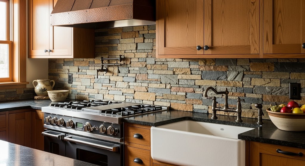 Craftsman kitchen with warm wood cabinets, an apron-front sink, and a rustic stacked natural stone backsplash.
