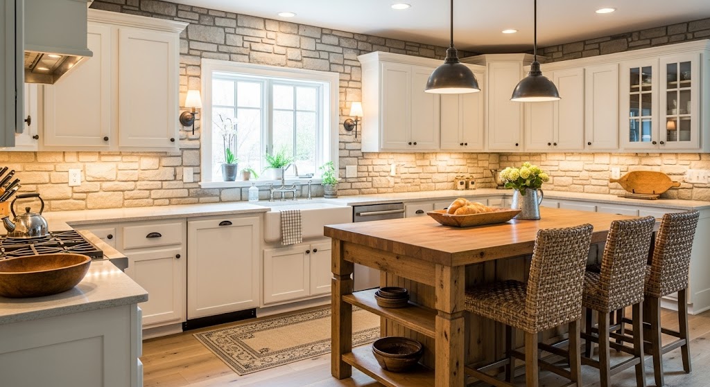 Textured, neutral-toned natural stone ledgestone installed as a rustic backsplash behind a kitchen counter.