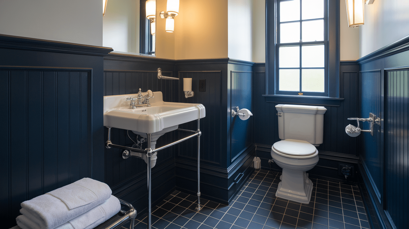 A classic bathroom featuring dark navy wainscoting, a white console sink, and a white toilet on a black tiled floor.