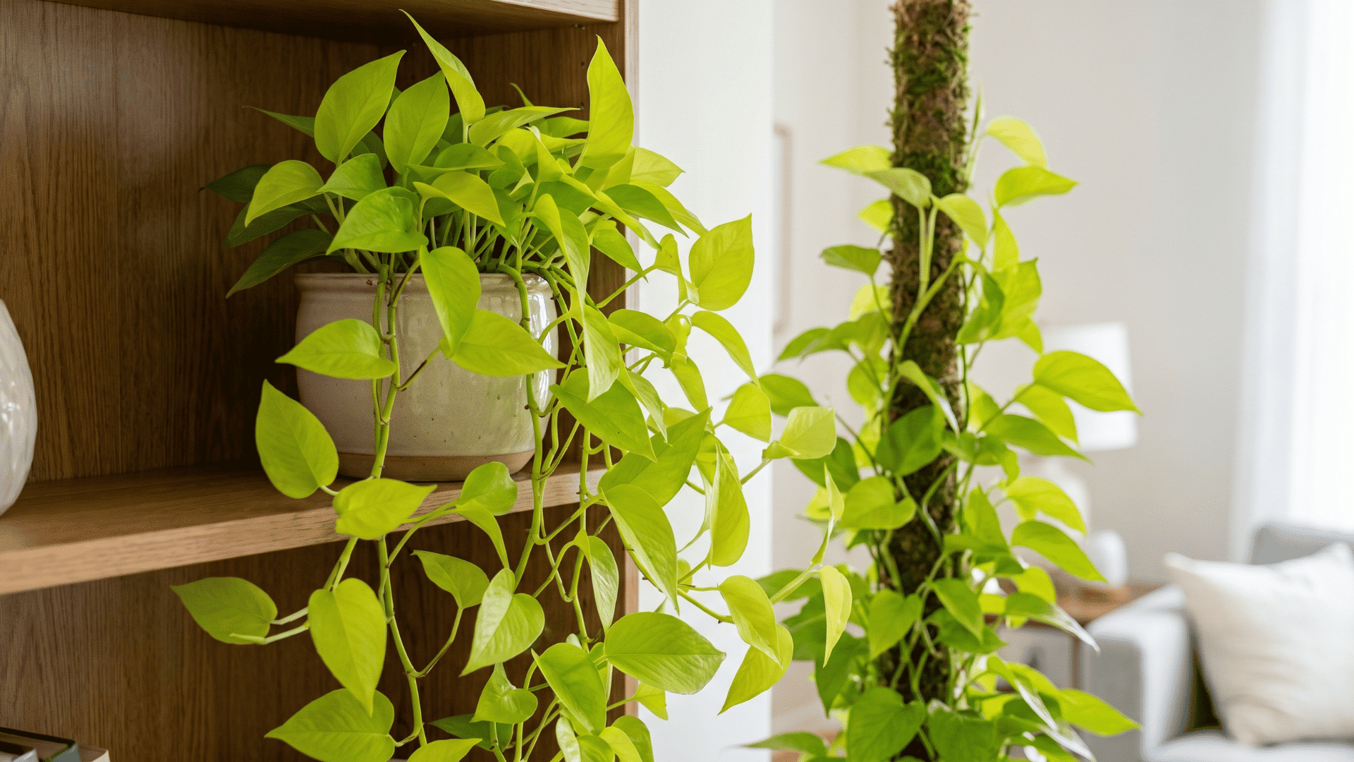 Neon Pothos trailing on a shelf with bright lime-green leaves.