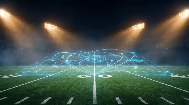 Illuminated football field at night with digital holographic overlay under bright stadium lights
