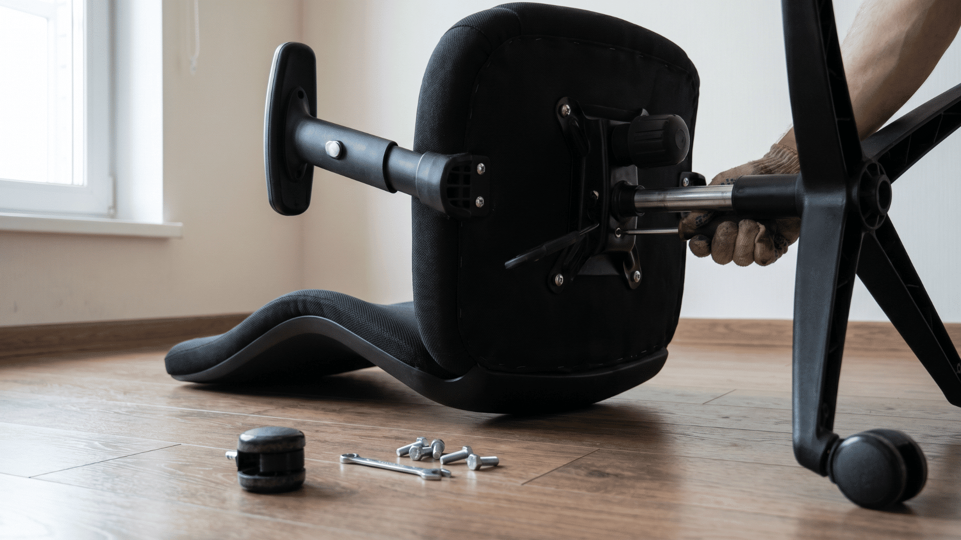 Office chair turned upside down while screws are tightened underneath the seat base
