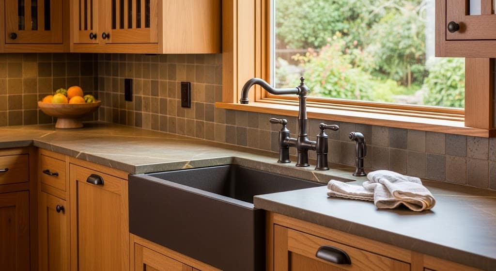 Craftsman kitchen with oil-rubbed bronze faucet, dark apron-front sink, and matte countertops.
