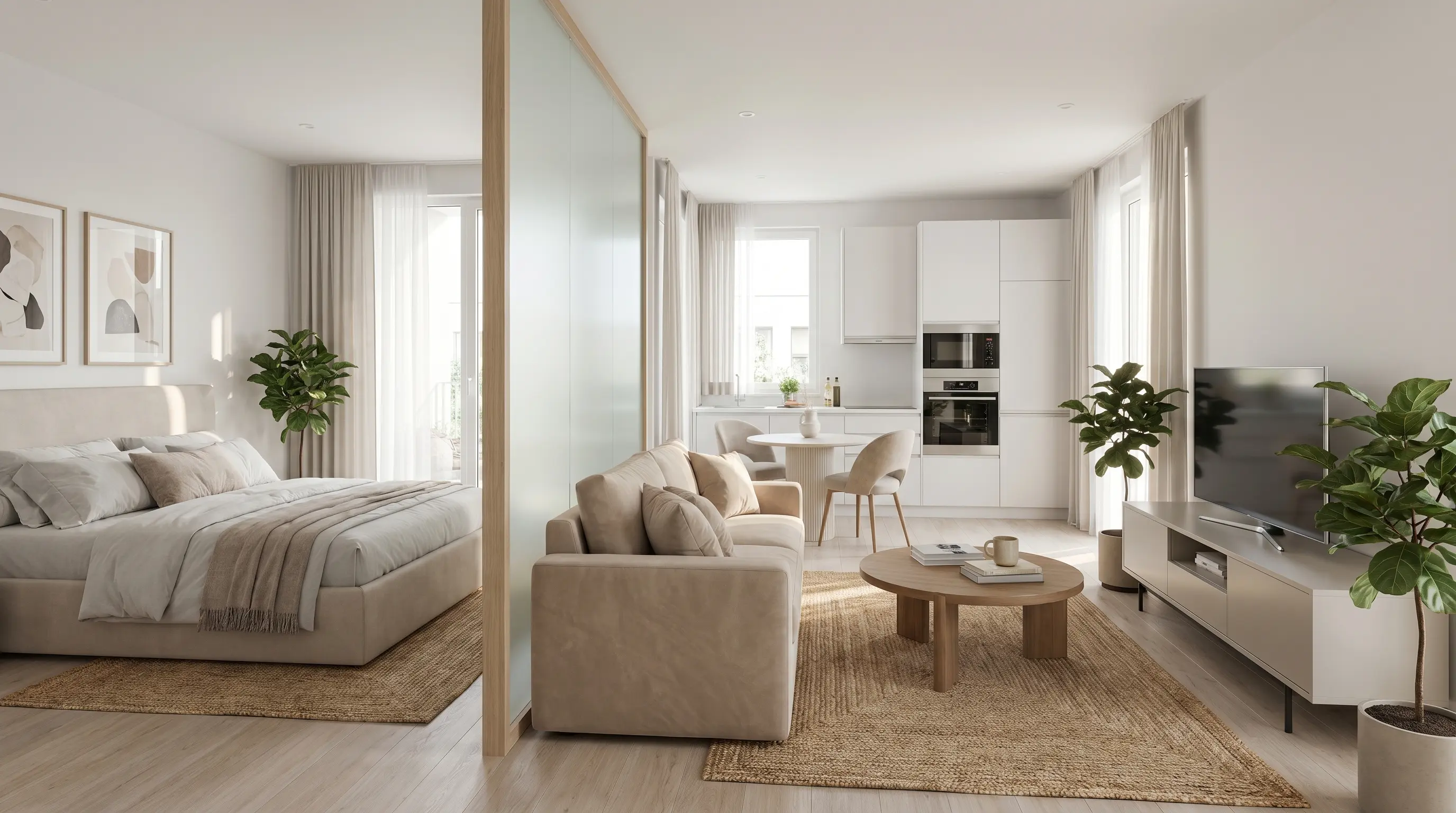Modern one-bedroom apartment with a separate bedroom and open living area, featuring clean interiors, natural light, and neutral contemporary styling.